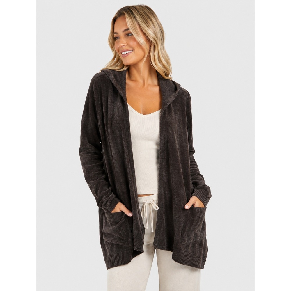 Barefoot Dreams CozyChic Ultra Lite Lounge Hooded Cardigan Gray Brown XS